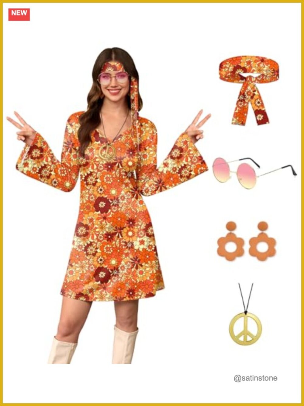 70s Hippie Costume Set 5 Pcs Dress Headband Necklace Earrings Sunglasses